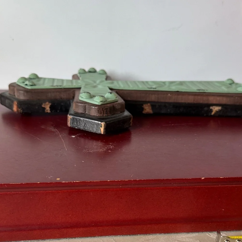 Decorative rustic, wooden and metal Green and Brown Wall Cross